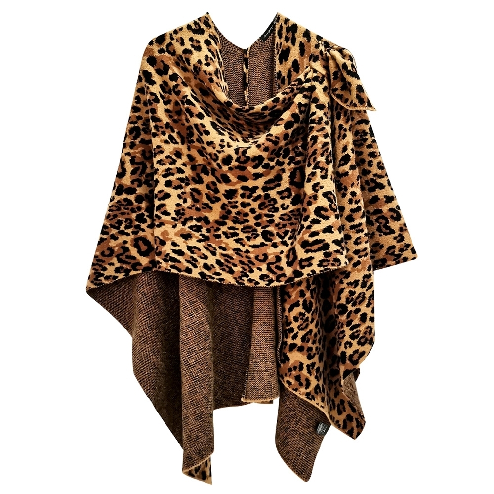 Brown Black Leopard Print Poncho Sweater Shawl Ruana Knit Statement Accessories